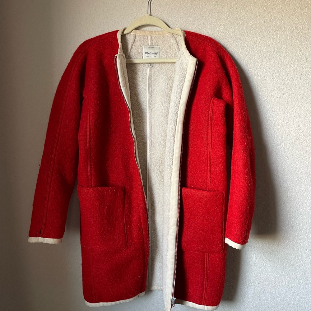 wool madewell red coat with retro feel
